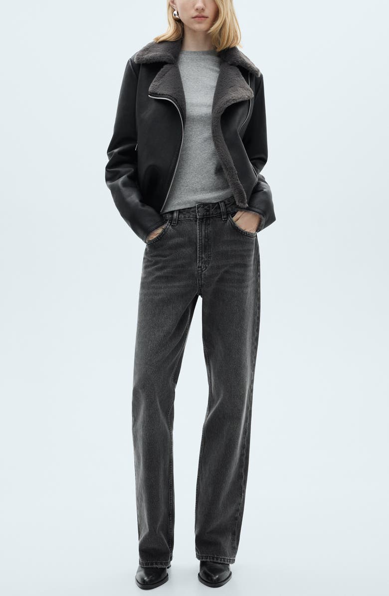 MANGO Faux Shearling & Faux Leather Moto Jacket, Alternate, color, Black