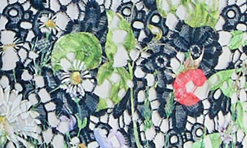 Nina Leonard Floral Border Elbow Sleeve Lace Sheath Dress In Navy Multi