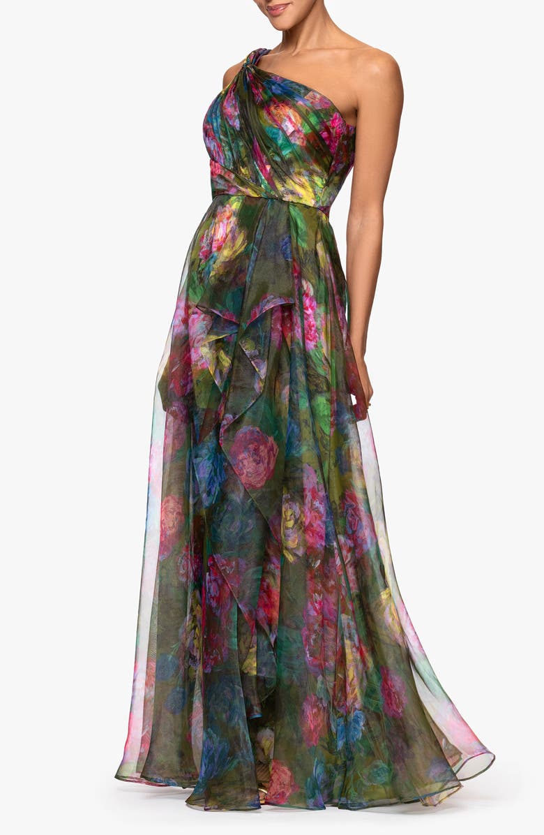 Xscape Evenings One-Shoulder Floral Organza Gown, Alternate, color, Green/ Multi