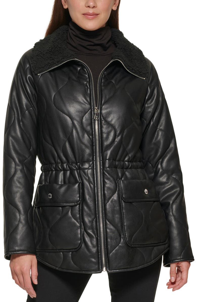 Kenneth Cole New York Faux Fur Trimmed Quilted Faux Leather Anorak Jacket, Main, color,