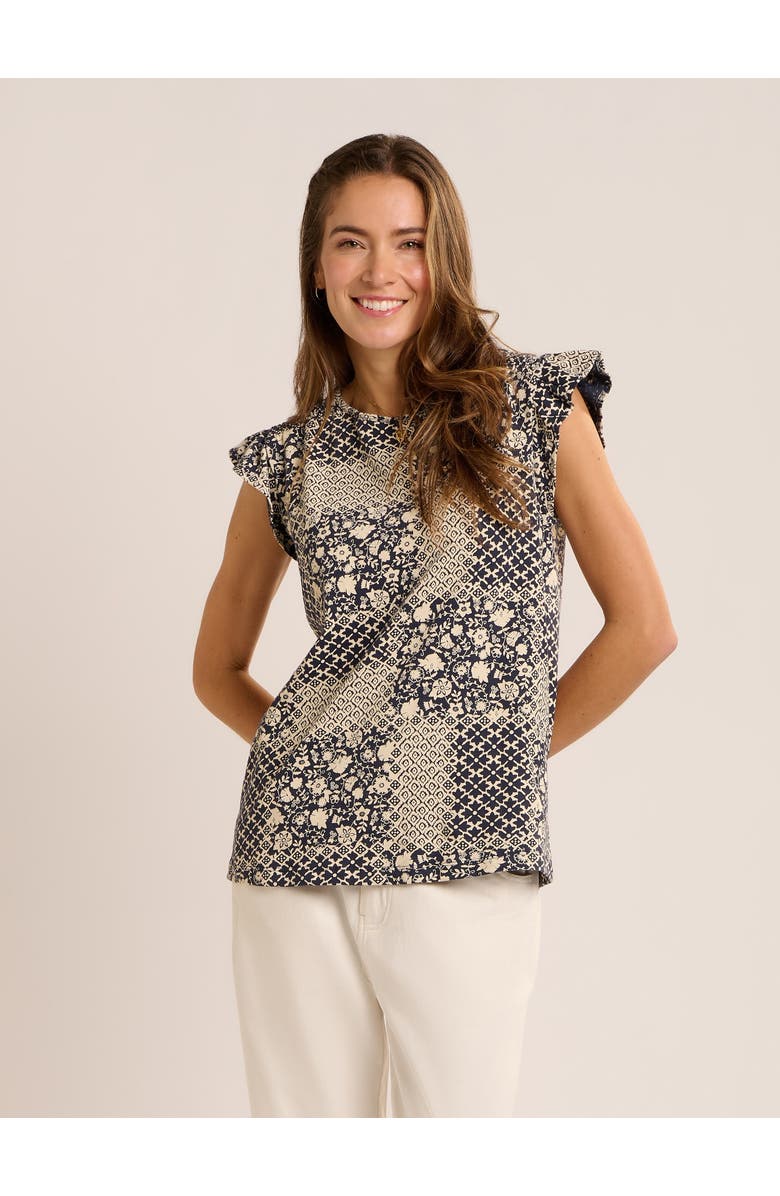 Brakeburn Salinas Frill Sleeve Printed Blouse, Main, color, Navy
