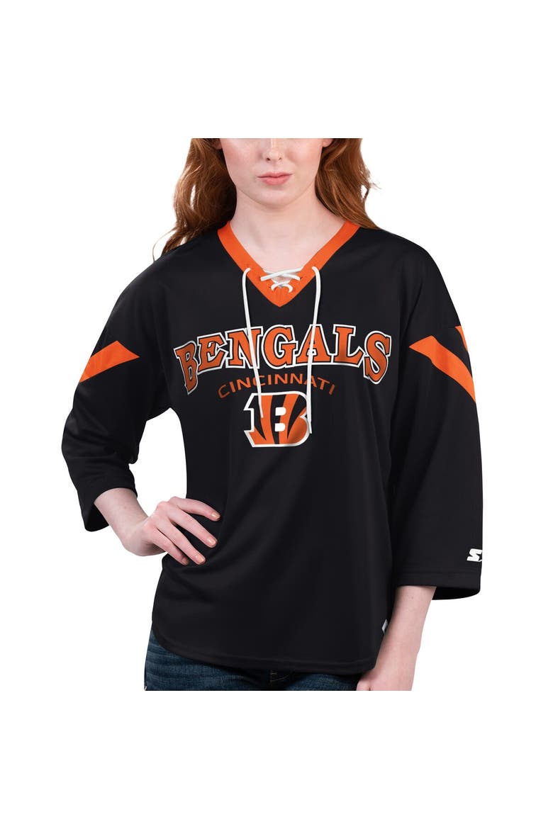 Women's Starter Black Cincinnati Bengals Rally Lace-Up 3/4 Sleeve T-Shirt, Alternate, color, Black