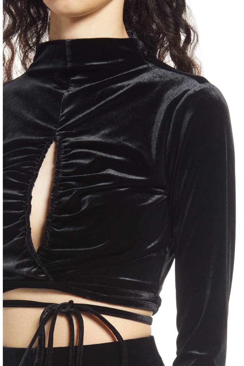 Velour Tie Front Crop Top, Alternate, color, BLACK