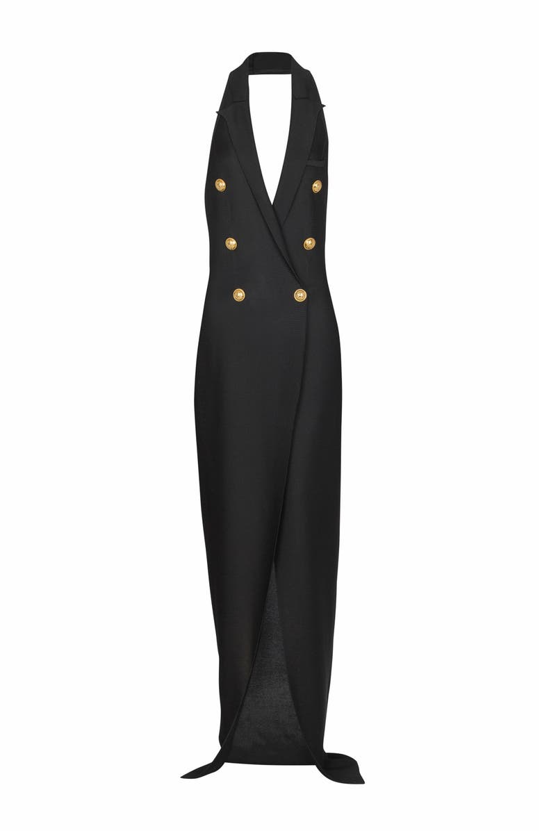 Balmain Long Halterneck Knit Dress, Alternate, color, Black