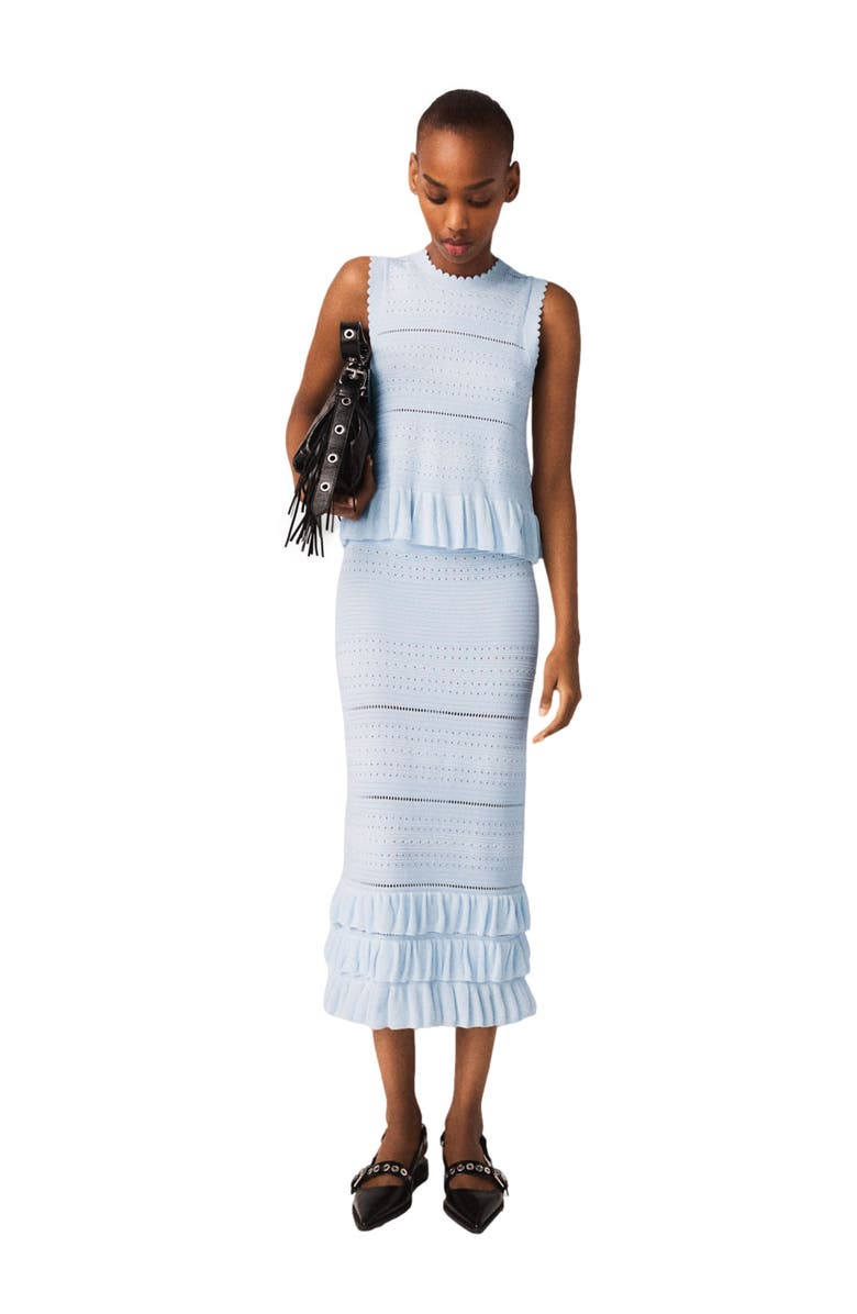 maje Long ruffled knit skirt, Alternate, color, Blue Sky