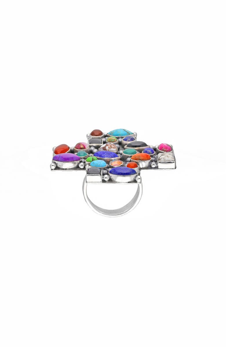 YS GEMS Sterling Silver Semiprecious Stone Cross Ring, Alternate, color, Silver Multi