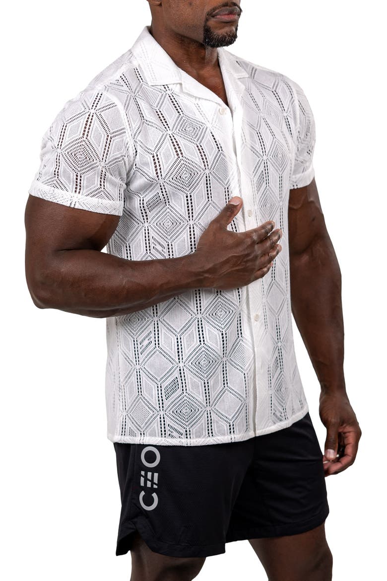 Marthy Knit Short Sleeve Button-Up Shirt, Alternate, color, WHITE