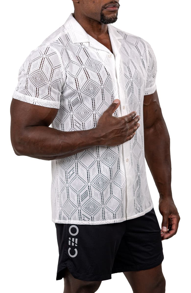 Maceoo Marthy Knit Short Sleeve Button-Up Shirt, Alternate, color, White