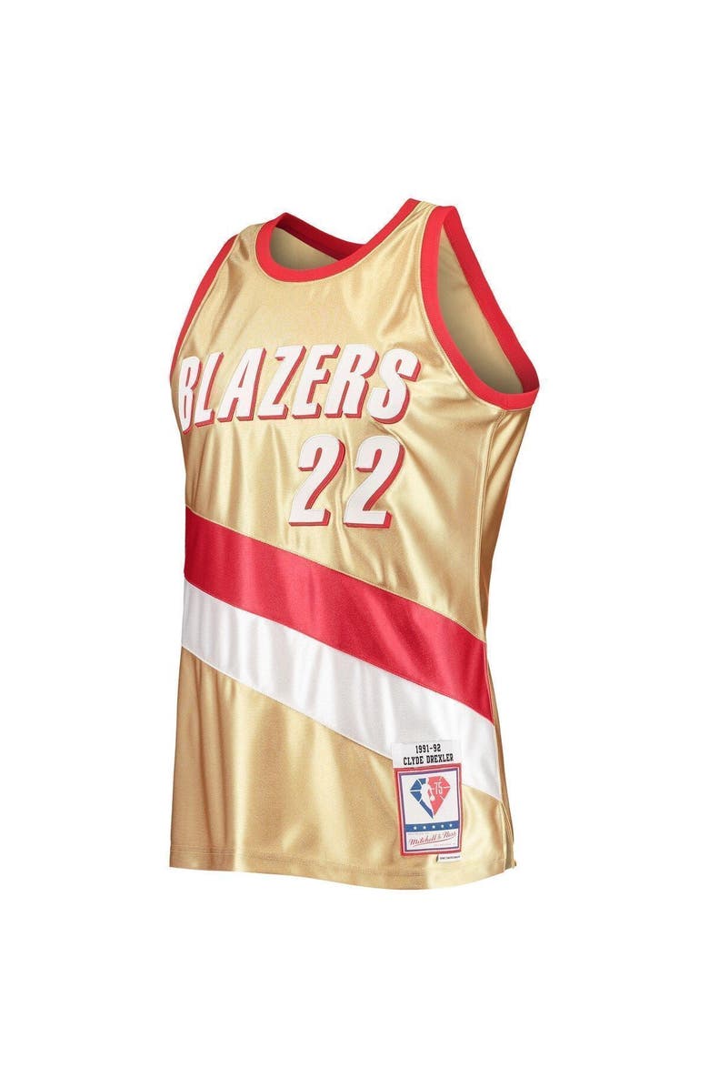 Mitchell & Ness Men's Mitchell & Ness Clyde Drexler Gold Portland Trail Blazers 75th Anniversary 1991/92 Hardwood Classics Swingman Jersey, Alternate, color, 