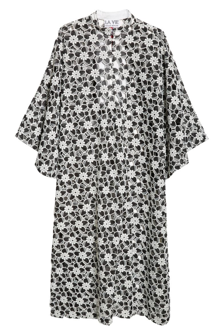 Cutout Floral Lace Cover-Up Caftan, Alternate, color, BLACK WHITE
