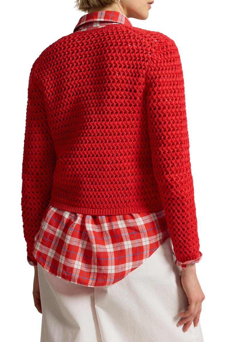 Big Pony Button-Up Cotton Crochet Crop Cardigan, Alternate, color, PETAL ROSE