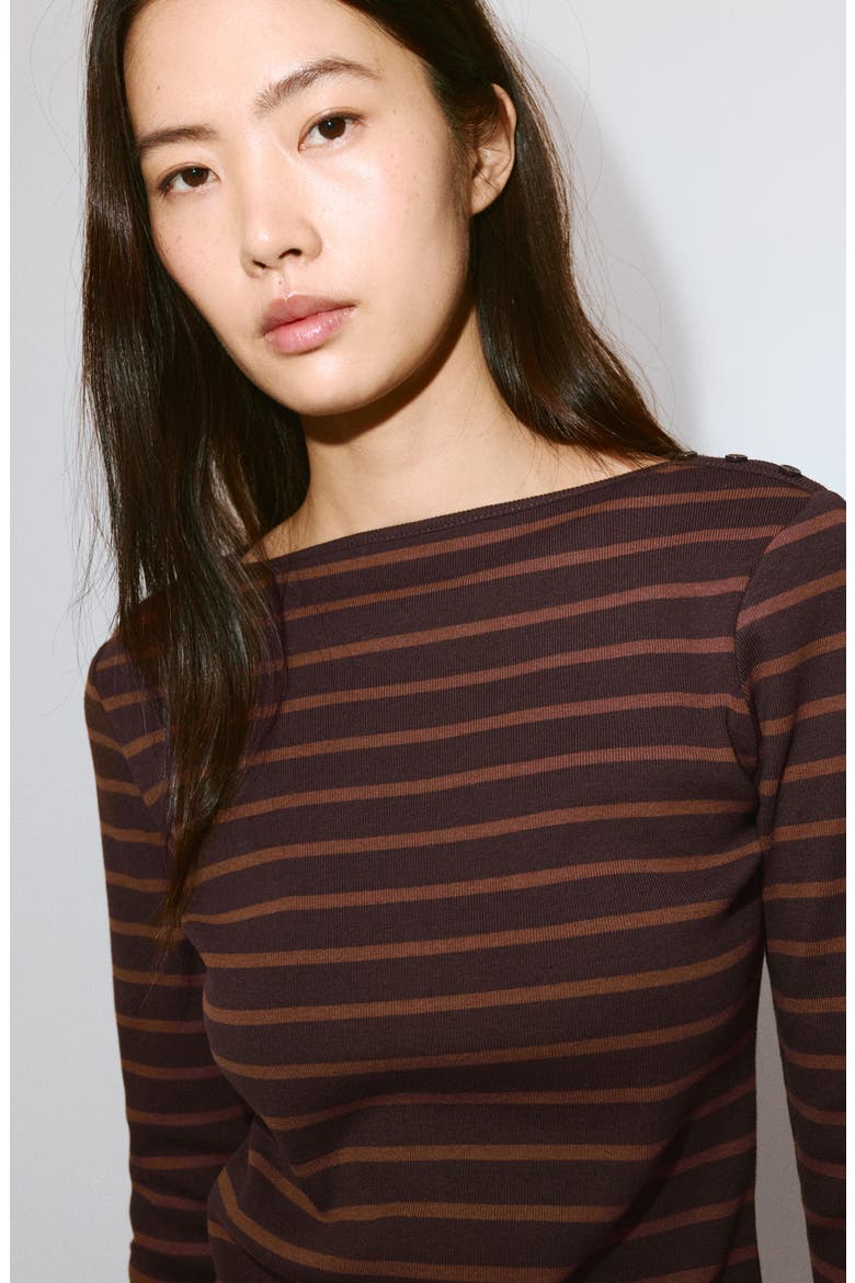 Stripe Boat Neck Long Sleeve Cotton T-Shirt, Alternate, color, BROWN