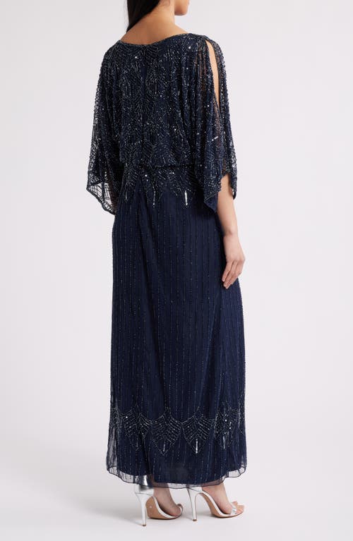 Pisarro Nights Beaded Cold Shoulder Blouson Cocktail Dress In Blue
