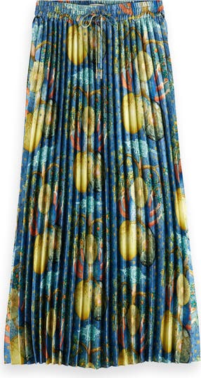 Mixed Print Pleated Satin Skirt