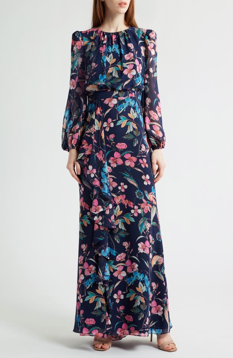 Eliza J Floral Long Sleeve Cascade Ruffle Maxi Dress, Main, color, 