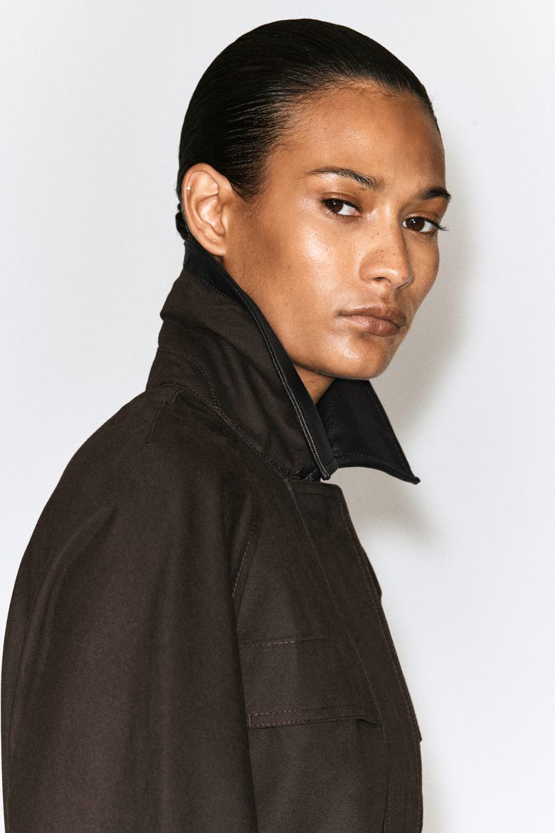Leather-Trimmed Cotton Field Coat, Alternate, color, BROWN