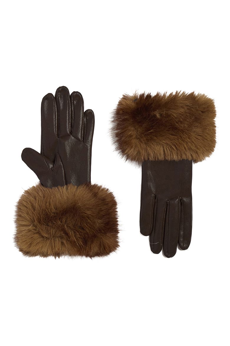 Betty Faux Leather Gloves with Faux Fur Trim, Main, color, BROWN/ MINK