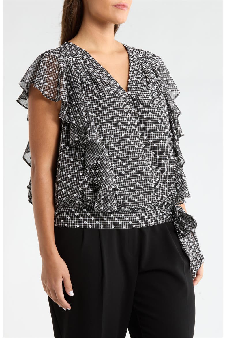 Plaid Swiss Dot Flutter Sleeve Ruffle Top, Alternate, color, BLACK/ WHITE PLAID
