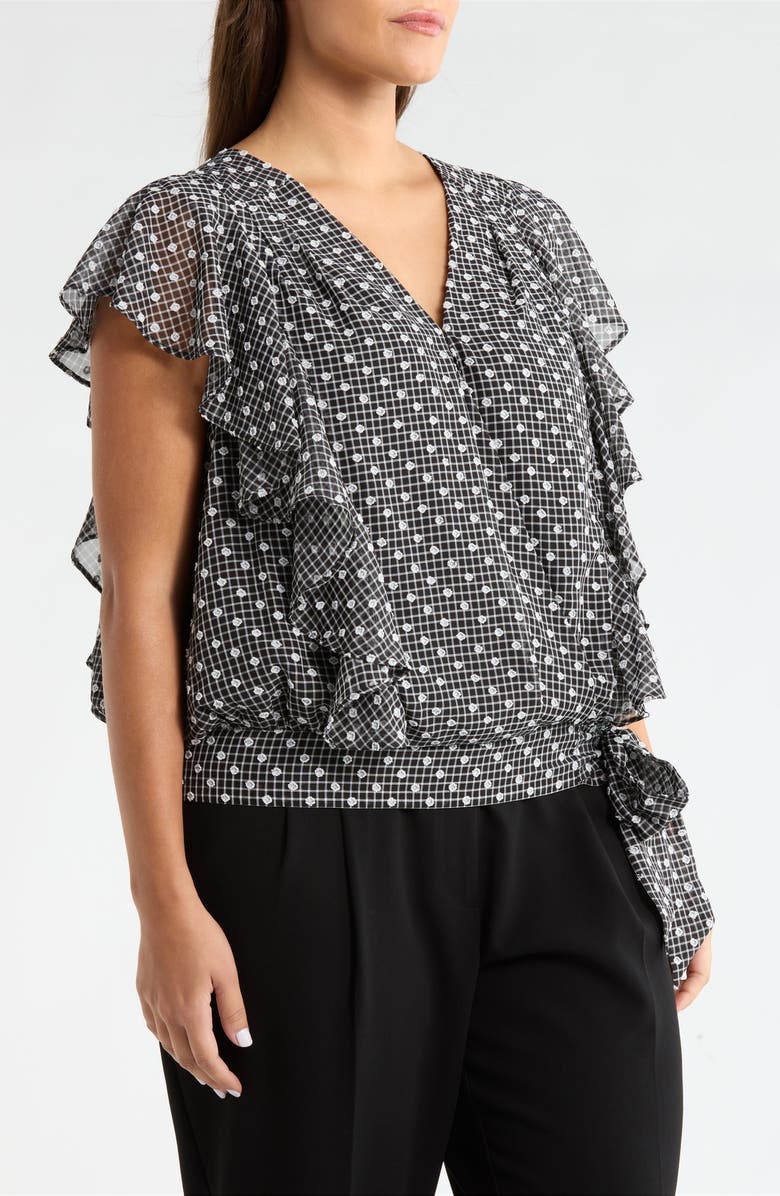 Liverpool Plaid Swiss Dot Flutter Sleeve Ruffle Top, Alternate, color, Black/ White Plaid