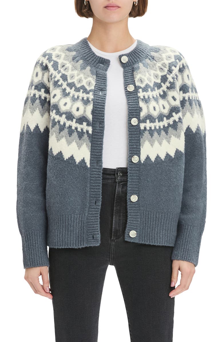 Favorite Daughter The Snowed In Fair Isle Merino Wool & Cashmere Blend Cardigan, Main, color, Charcoal