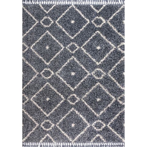 Mercer Shag Plush Tassel Moroccan Diamond Denim Area Rug