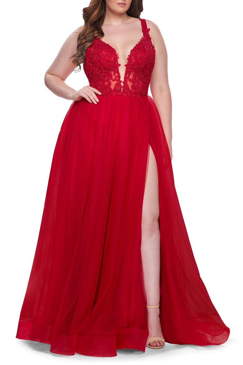 Deep V Plus Size Tulle Dress with Lace Illusion Bodice, Alternate, color, Red