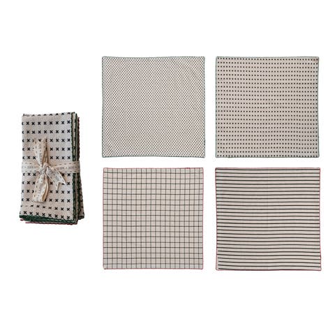 Cotton Printed Napkins with Pattern and Stitched Edge, Multicolor, Set of 4