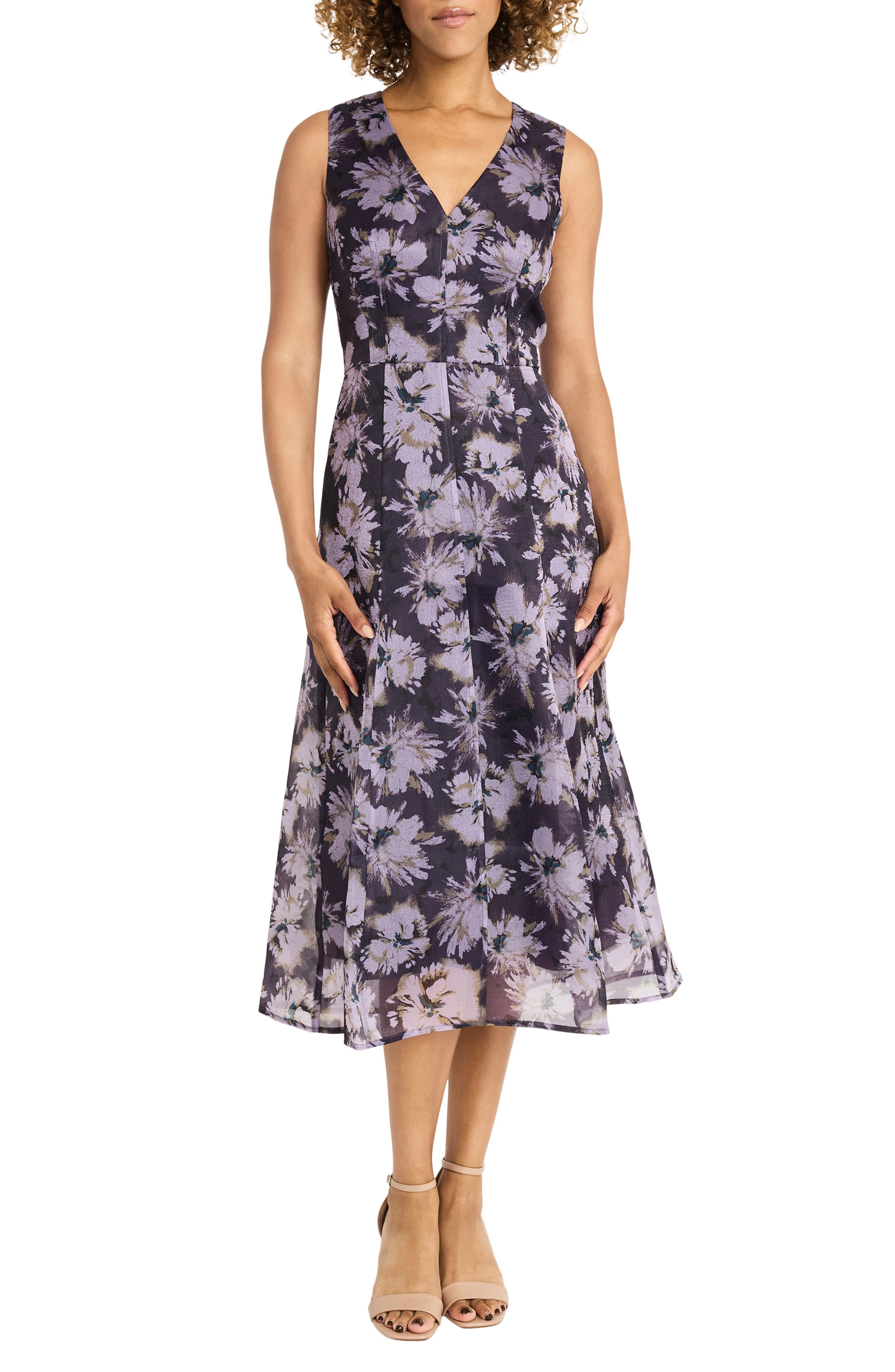 Maggy London Floral Sleeveless Organza Midi Dress