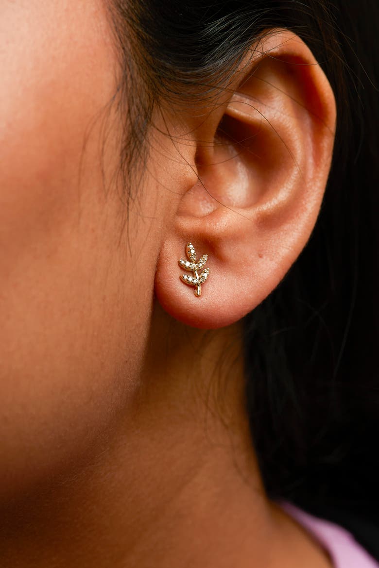 10K Yellow Gold 1/10 Cttw Diamond Accented Leaf and Branch Stud Earrings, Alternate, color, Yellow