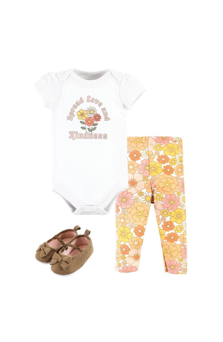 Hudson Baby Cotton Comfort 3Pk Bodysuit, Pants, and Shoes, Main, color, Peace Love Flowers