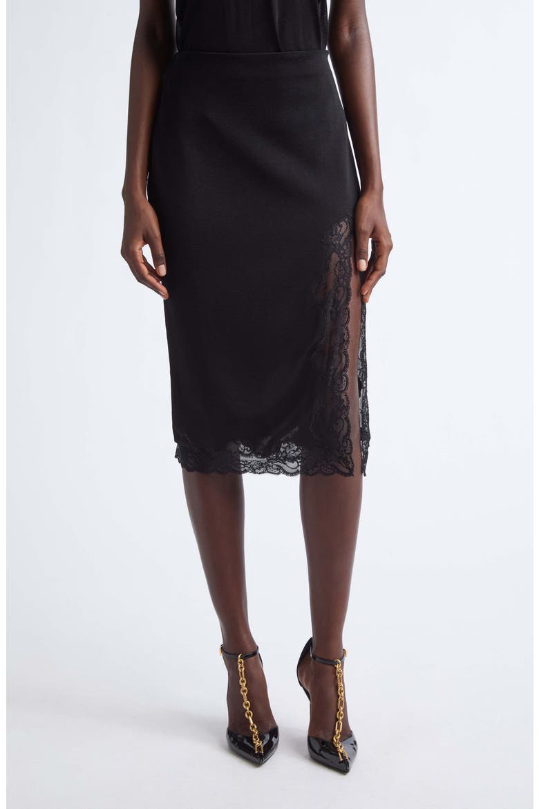 Lace Trim Knit Midi Skirt, Main, color, 0PA BLACK