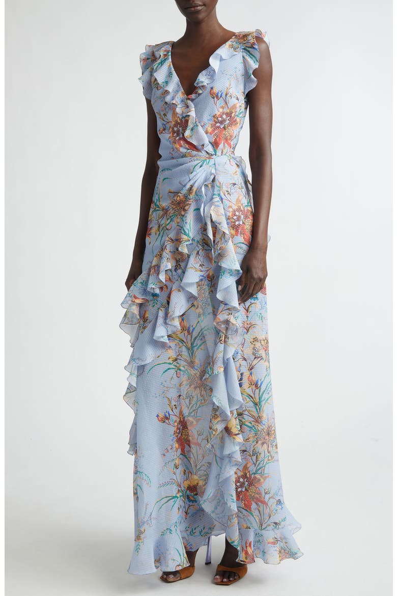 Floral Ruffled Check Jacquard Gown, Alternate, color, PRINT ON PALE BLUE BASE