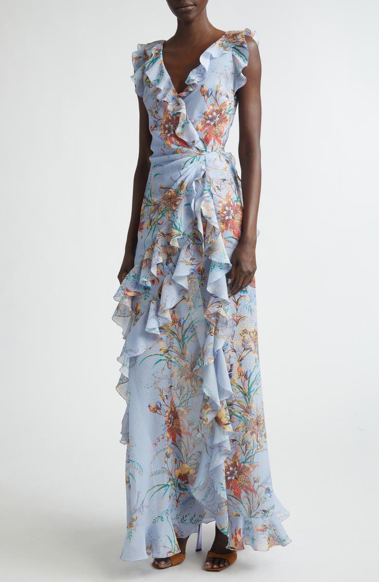 Etro Floral Ruffled Check Jacquard Gown, Alternate, color, Print On Pale Blue Base