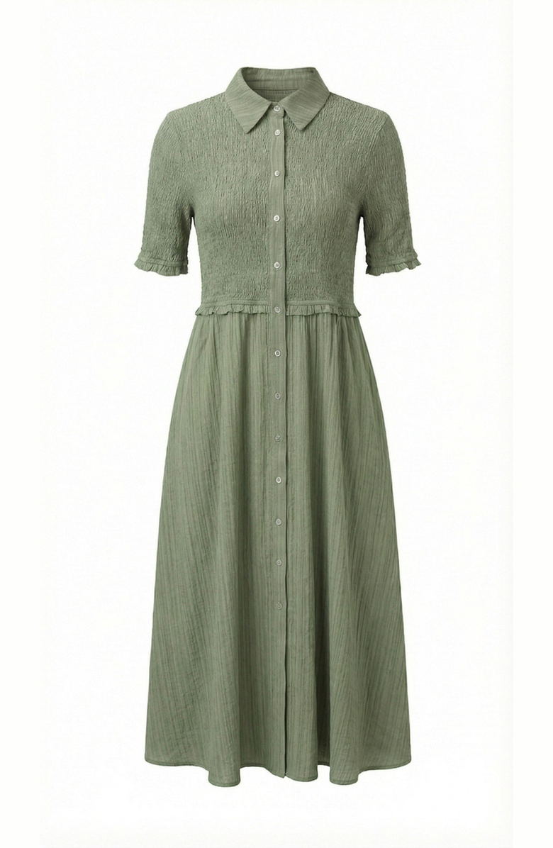 Modenaire Smocked Button Front Midi Dress, Alternate, color, Sage Green