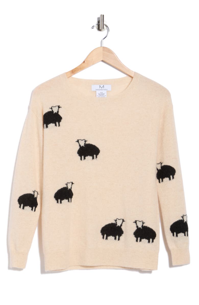 Magaschoni Cashmere Sheep Patterned Sweater, Alternate, color, Creamy Heather/ Black