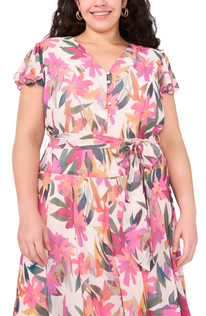 Vince Camuto Floral Flutter Sleeve Chiffon Maxi Dress, Alternate, color, New Ivory