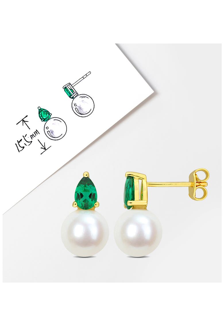 Lab Created Emerald & Freshwater Pearl Stud Earrings, Alternate, color, GREEN