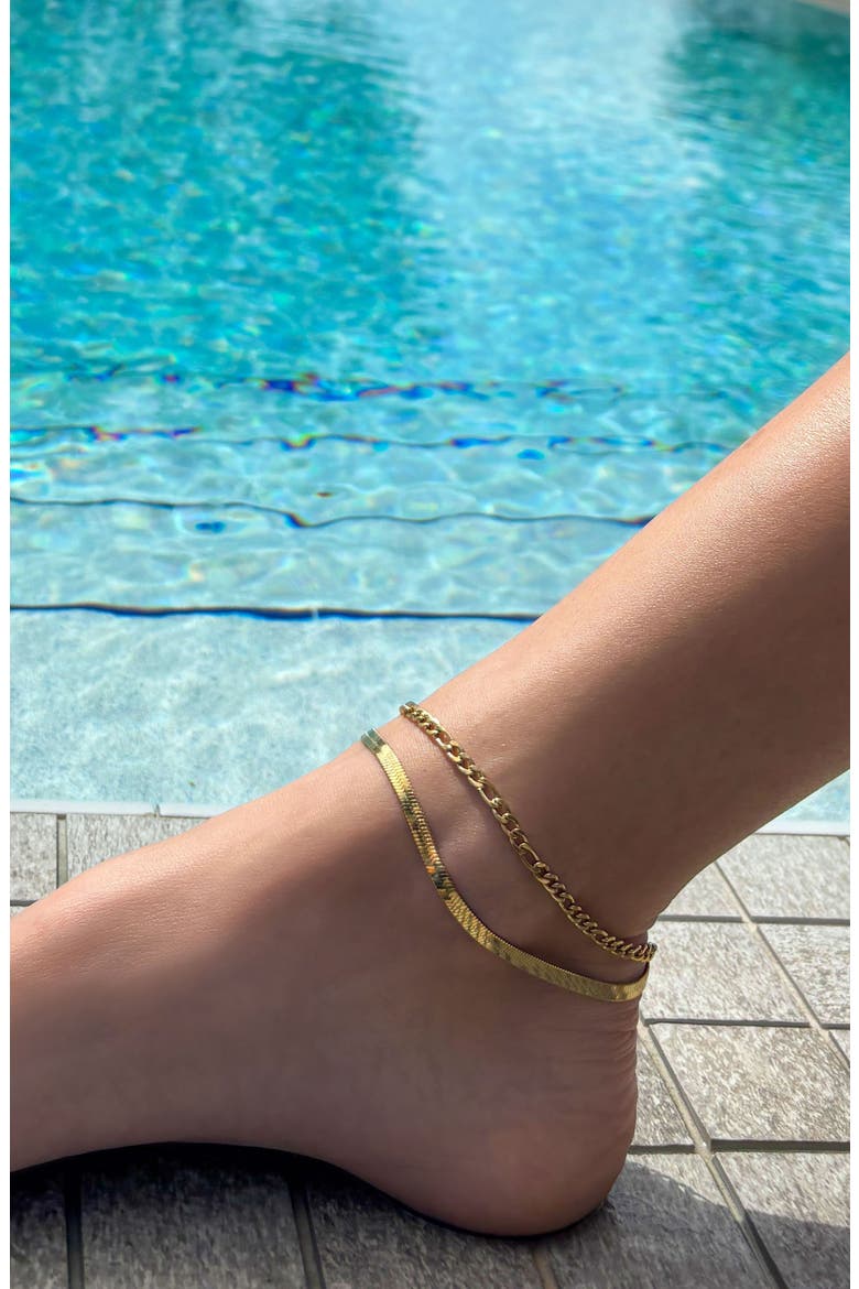 Set of 2 18K Gold Plated Stainless Steel Chain Anklets, Alternate, color, GOLD
