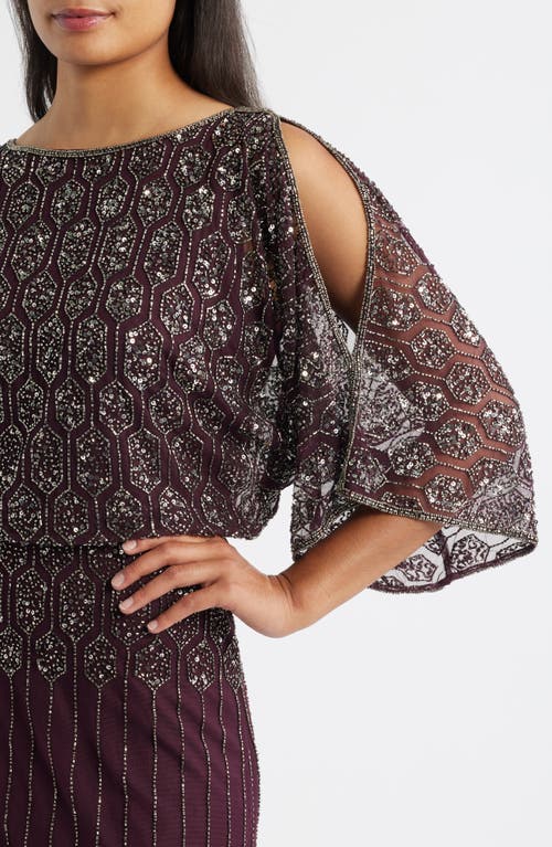 Pisarro Nights Beaded Blouson Split Sleeve Gown In Burgundy