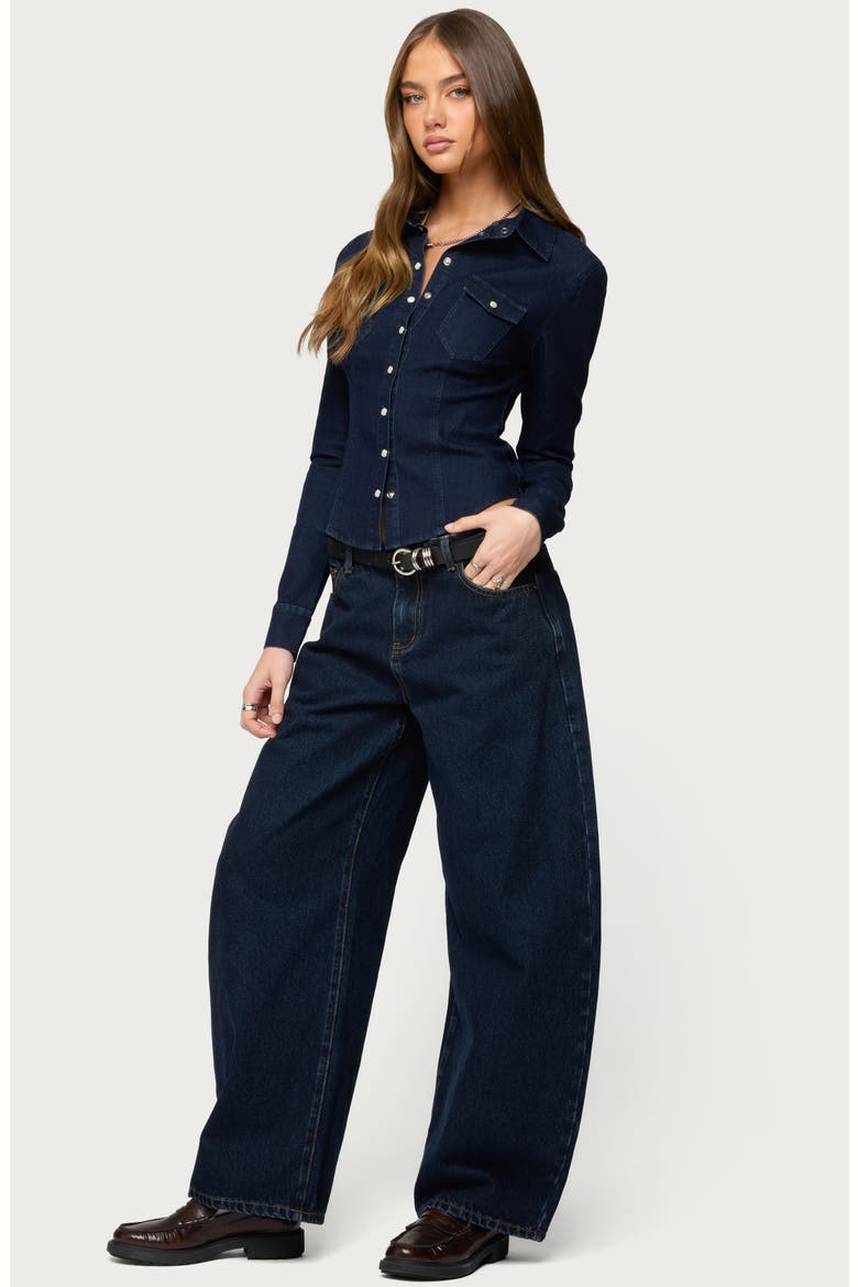 Shylo Fitted Denim Snap-Up Shirt, Alternate, color, DARK-BLUE-WASHED