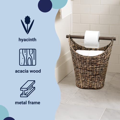 Happimess Talia Classic Coastal Hand-woven Water Hyacinth Toilet Paper Basket With Wood Bar In Brown