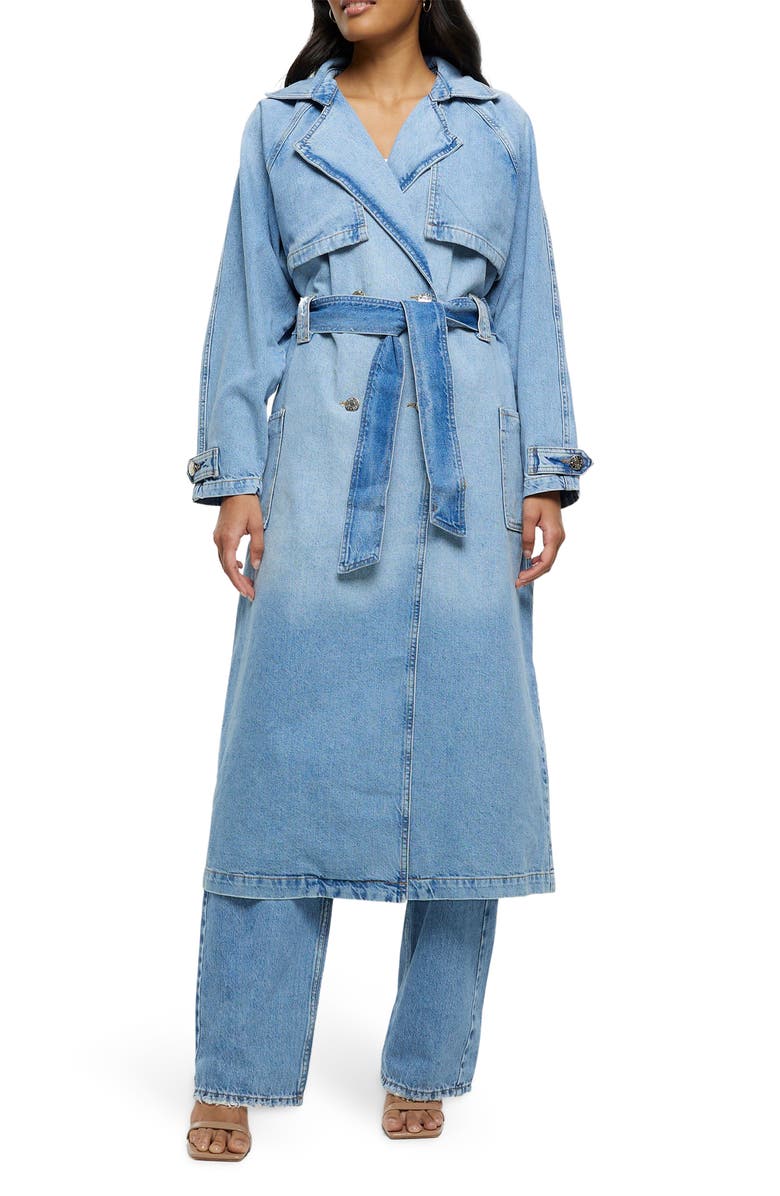 River Island Belted Denim Trench Coat, Main, color,