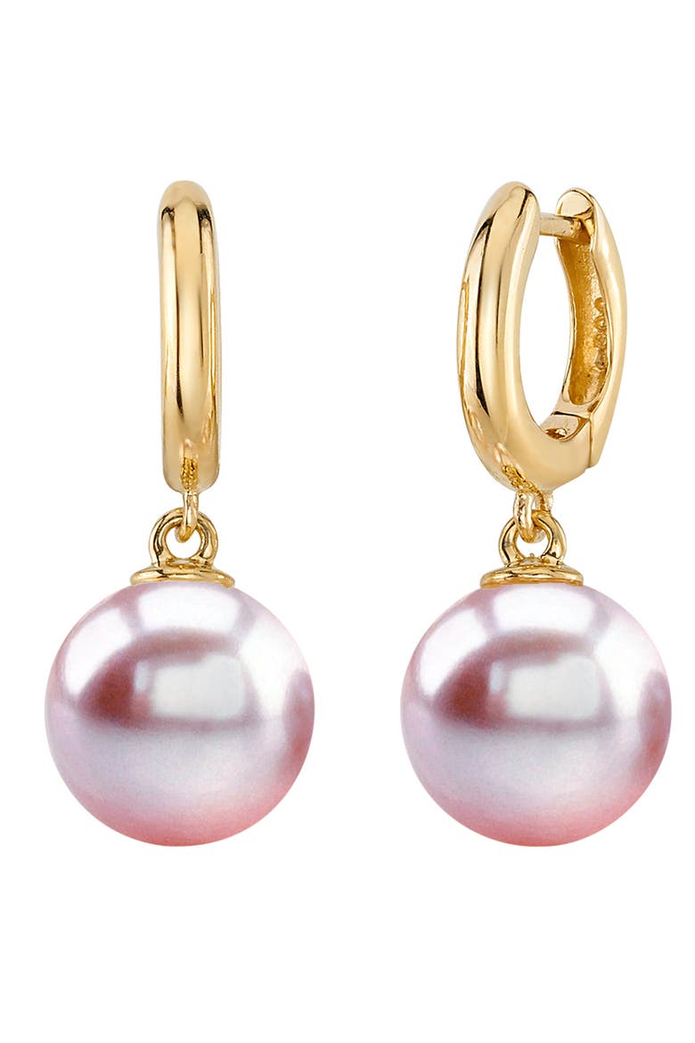 14K Gold Pink Freshwater Pearl Huggie Mary Earrings, Main, color, Yellow Gold
