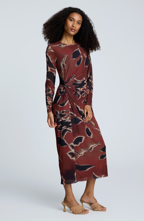 Kenneth Cole Printed Mesh Knot Front Long Sleeve Maxi Dress