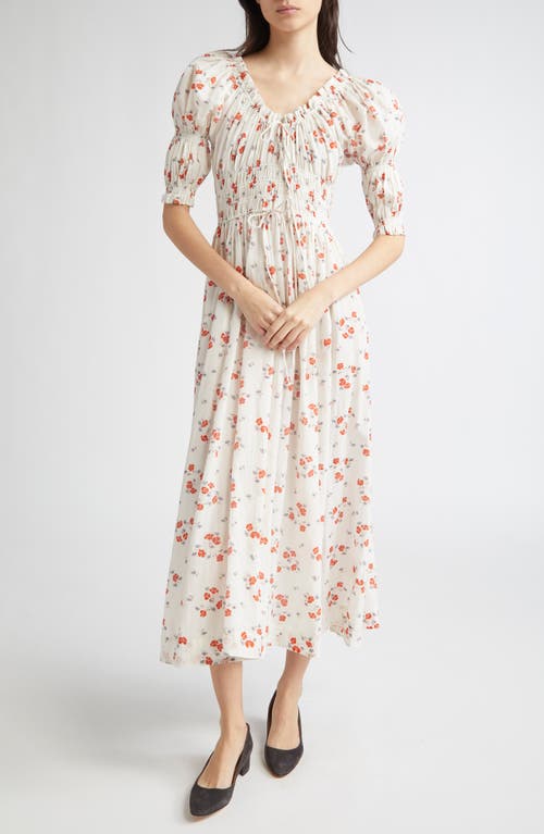 Doen Ischia Shirred Floral-print Organic Cotton-blend Voile Midi Dress In White