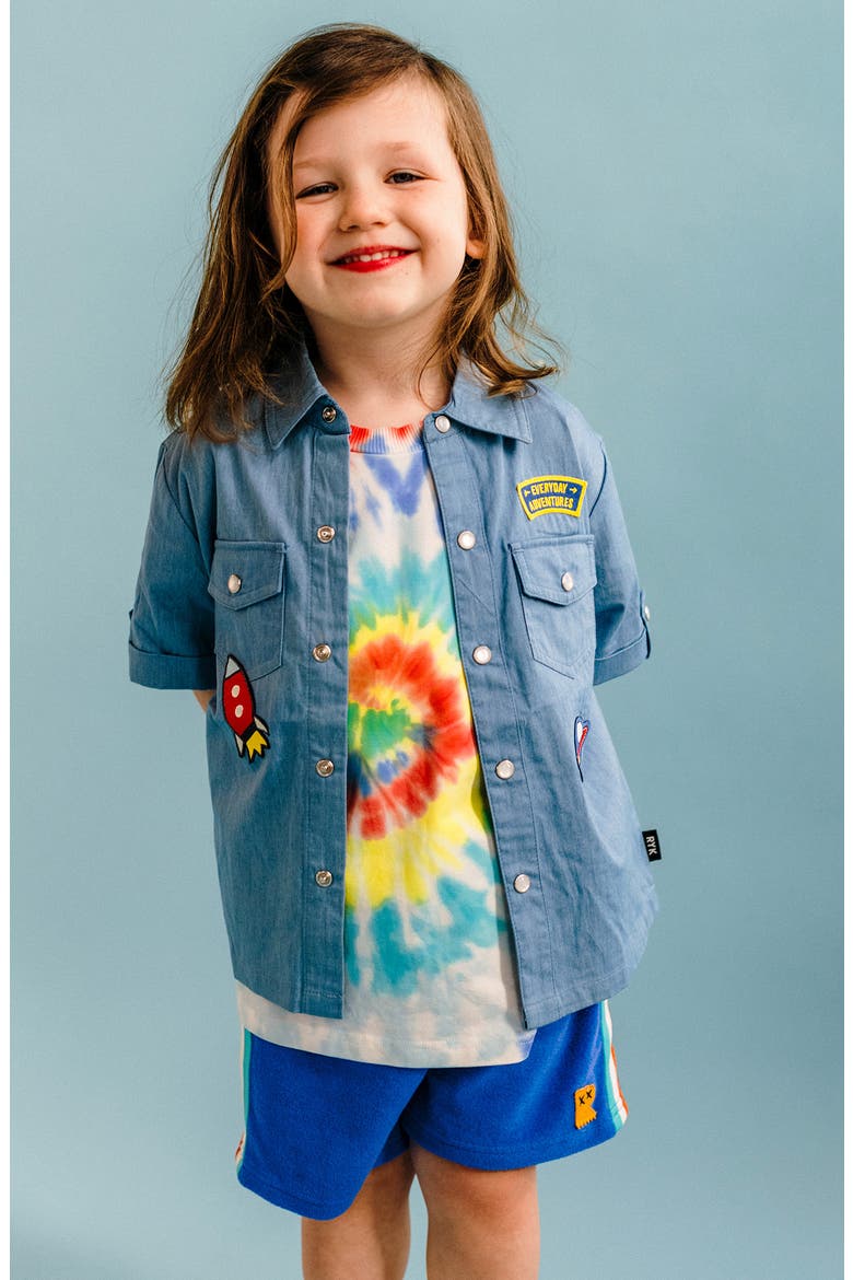 Kids' Space Appliqué Short Sleeve Cotton Chambray Snap-Up Shirt, Alternate, color, LIGHT BLUE