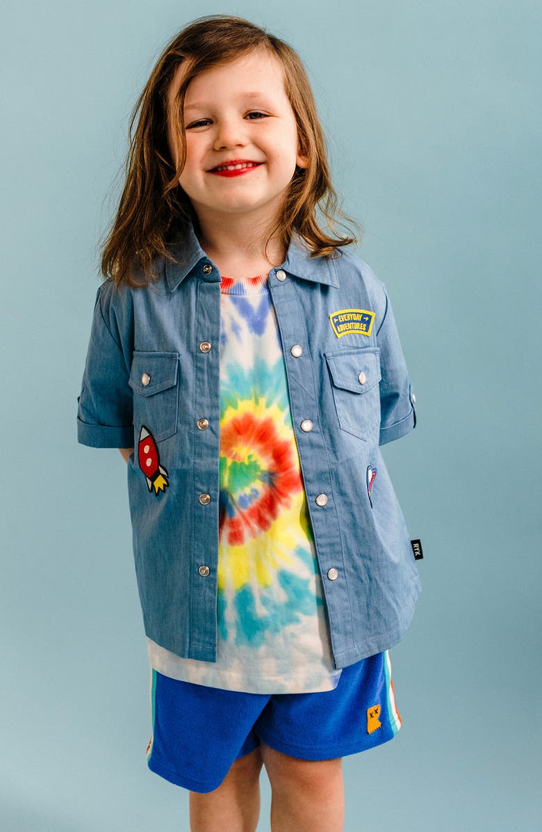 Rock Your Kid Kids' Space Appliqué Short Sleeve Cotton Chambray Snap-Up Shirt, Alternate, color, Light Blue