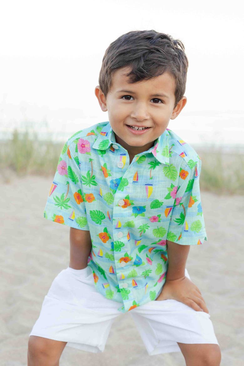 Printed Linen-Look Camp Shirt, Alternate, color, Blue/White