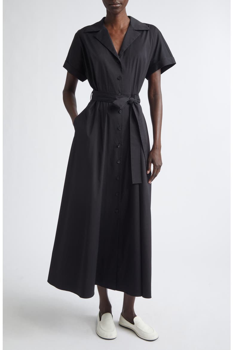 Belted Stretch Cotton Blend Shirtdress, Main, color, BLACK