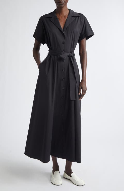 Belted Stretch Cotton Blend Shirtdress